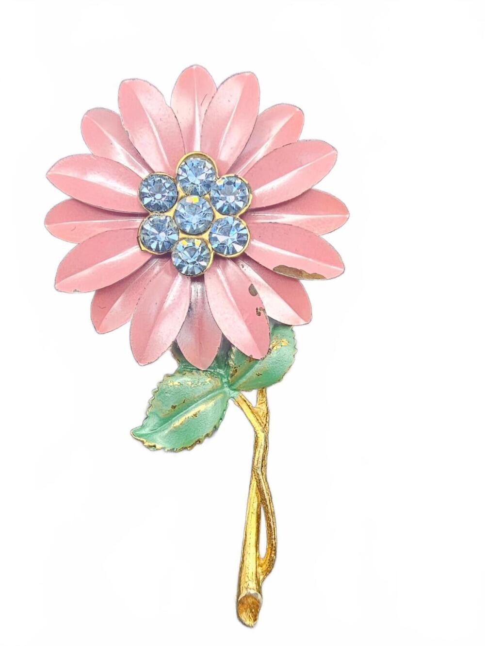 Pink Flower Brooch with Blue Rhinestones